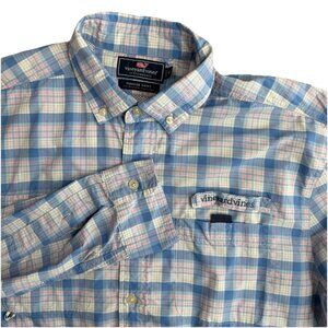 Vineyard Vines Shirt Men M Blue Plaid Fishing Harbor Long‎ Sleeve Whale Logo